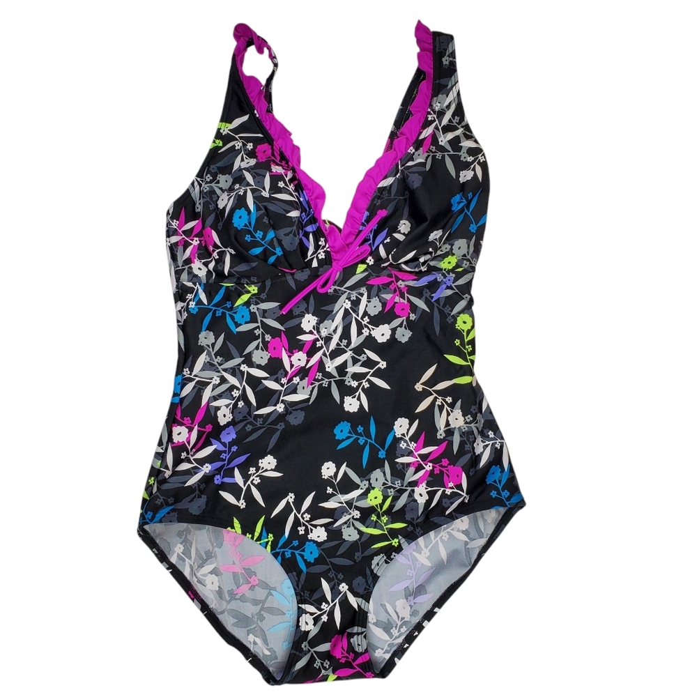 Calypso Cove Floral Print One Piece Swimsuit with Purple Accents 14